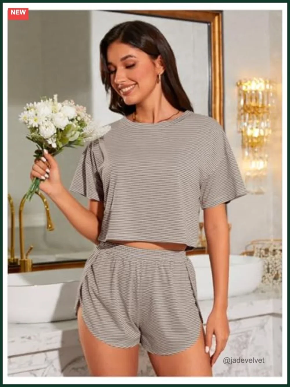Striped Short Sleeve Pajama Set with Split Shorts
